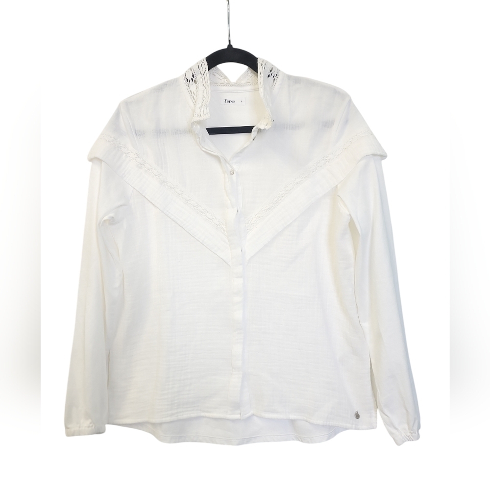 Yerse gauzy  cotton button down shirt  embroidered cotton  lace accent